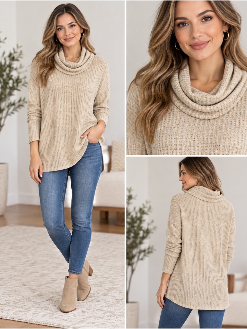 LOFT Cream Gold Shimmer Waffle Knit Cowl Neck Tunic Top Small